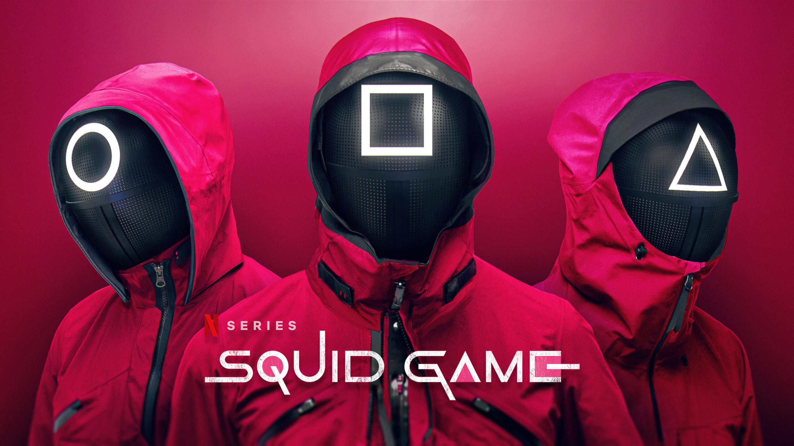 Squid Game Netflix series poster featuring players in green tracksuits and guards in pink jumpsuits