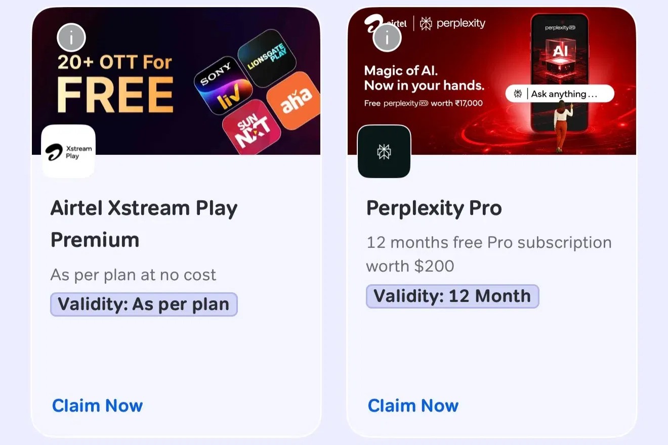 Airtel mobile app interface displaying "Claim Your Free Perplexity Pro" banner with activation steps.