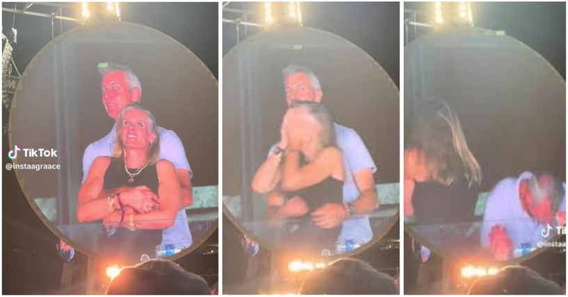 Andy Byron and Kristin Cabot awkwardly reacting on Coldplay Kiss Cam jumbotron