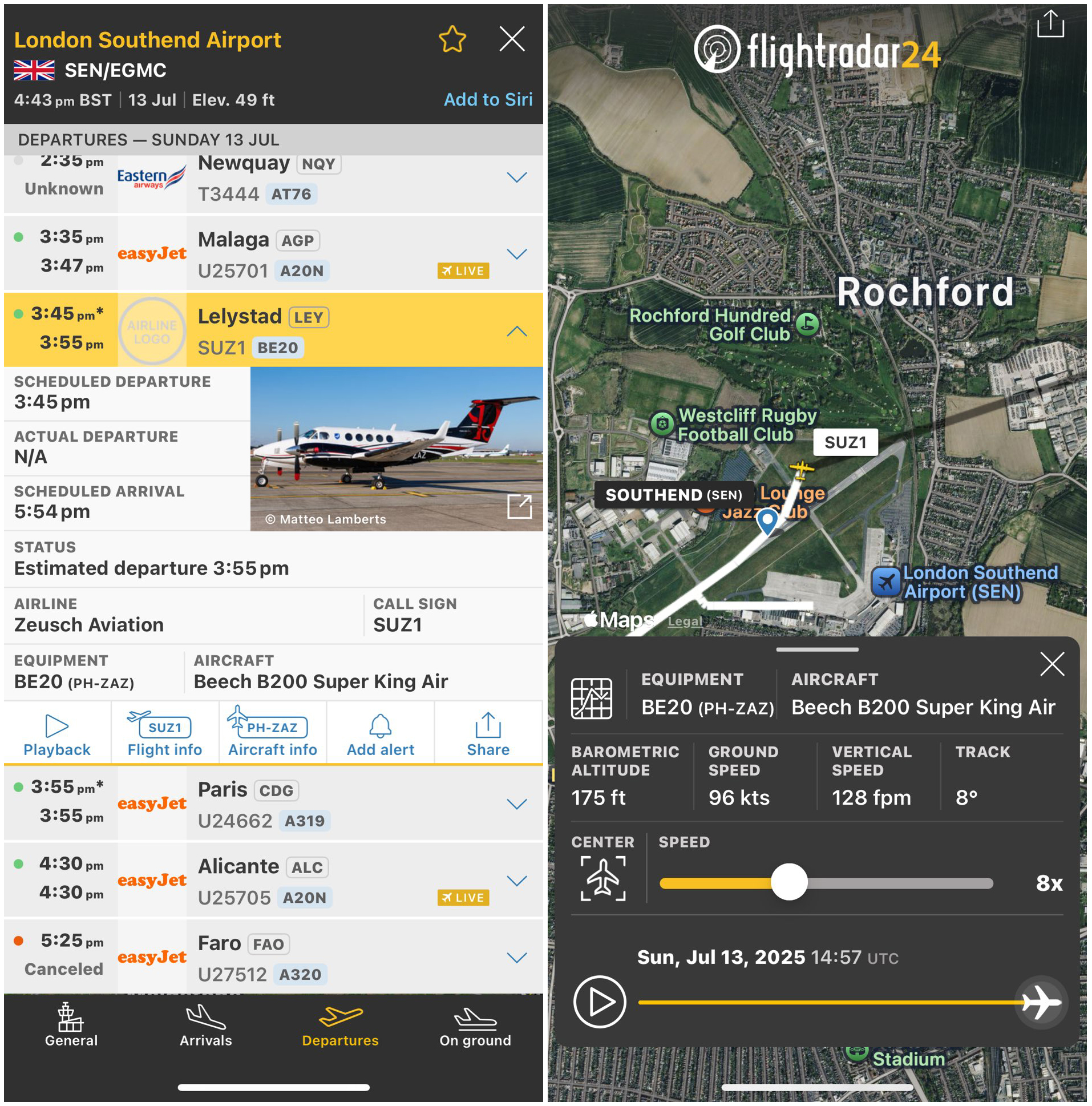 Flight details for Beech B200 Super King Air involved in Southend Airport crash.