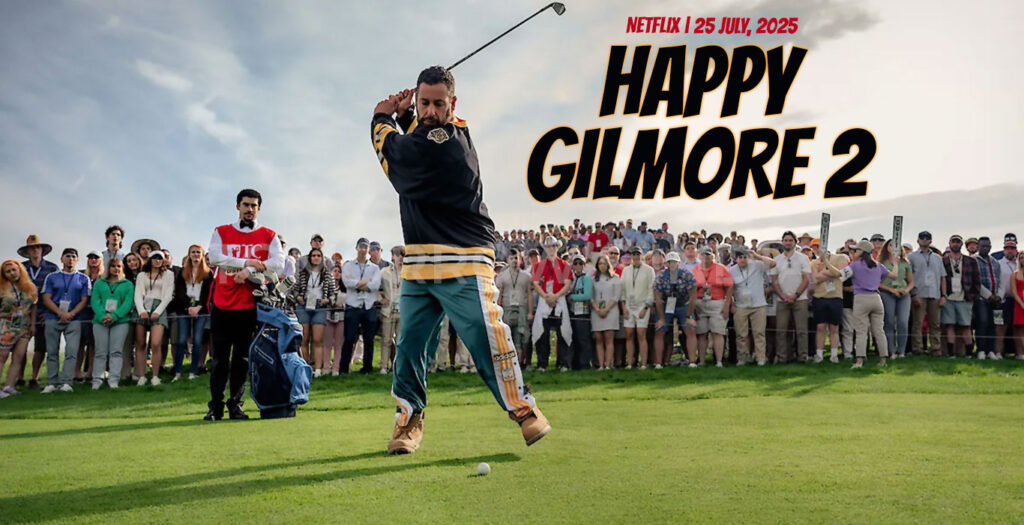 Adam Sandler as Happy Gilmore swinging a golf club angrily in a scene from Happy Gilmore 2 (Netflix).
