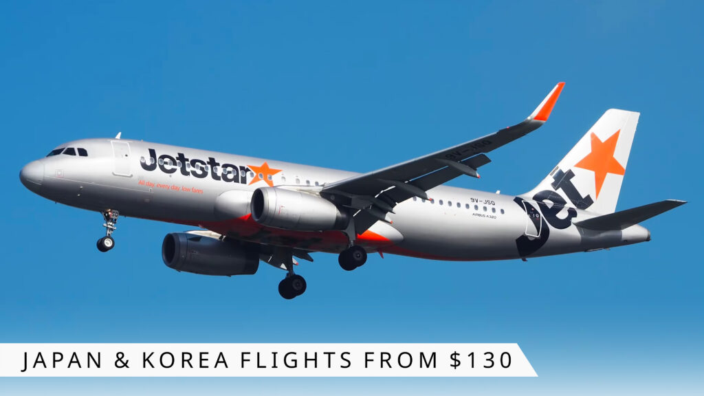 Jetstar aircraft with promotional overlay: 'FLY TO JAPAN & KOREA FROM $130' sale announcement
