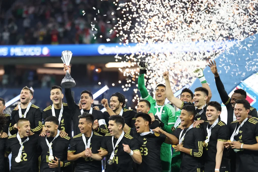 Mexico national football team celebrating with 2025 CONCACAF Gold Cup trophy