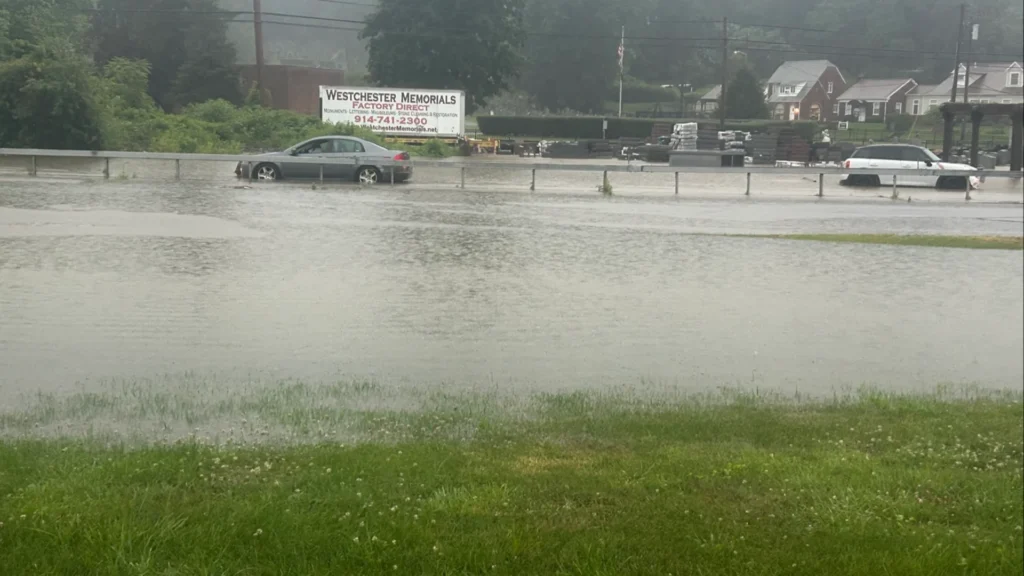 Cars stranded on waterlogged street in Scotch Plains, New Jersey