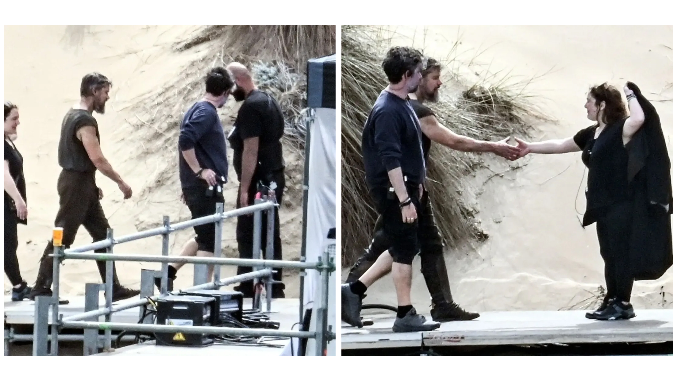 Nolan and Damon collaborating on rugged coastal location during Odyssey filming.