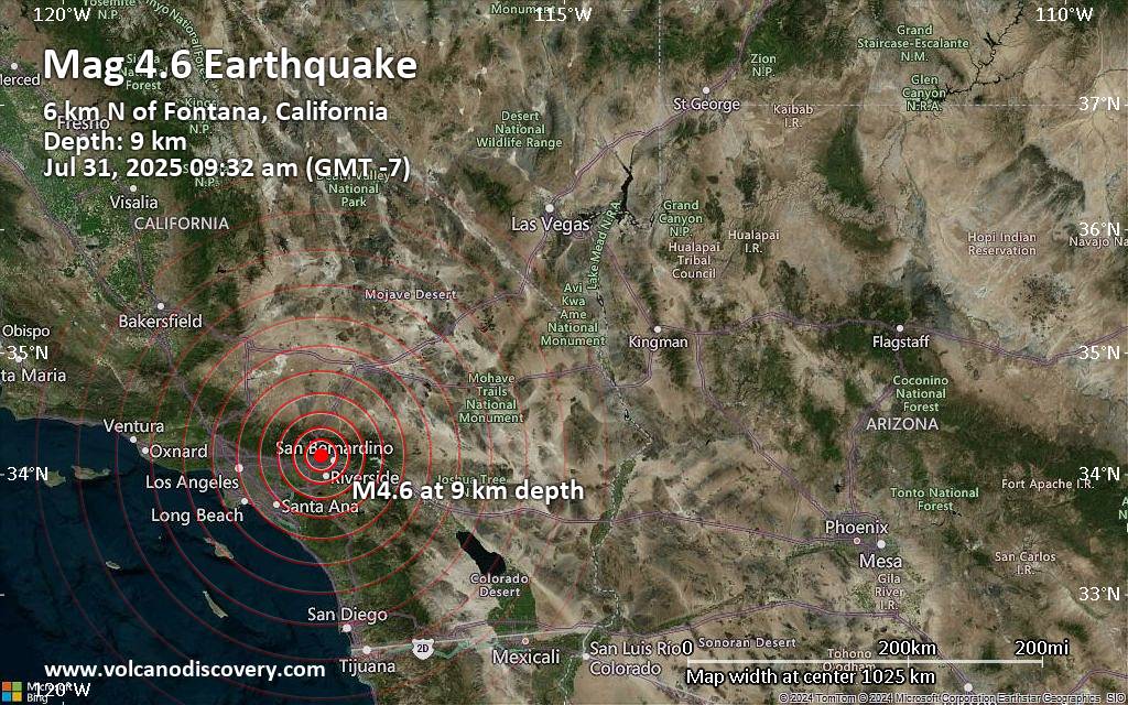 USGS ShakeMap of 4.4M earthquake near Fontana, California, showing intensity zones across Los Angeles