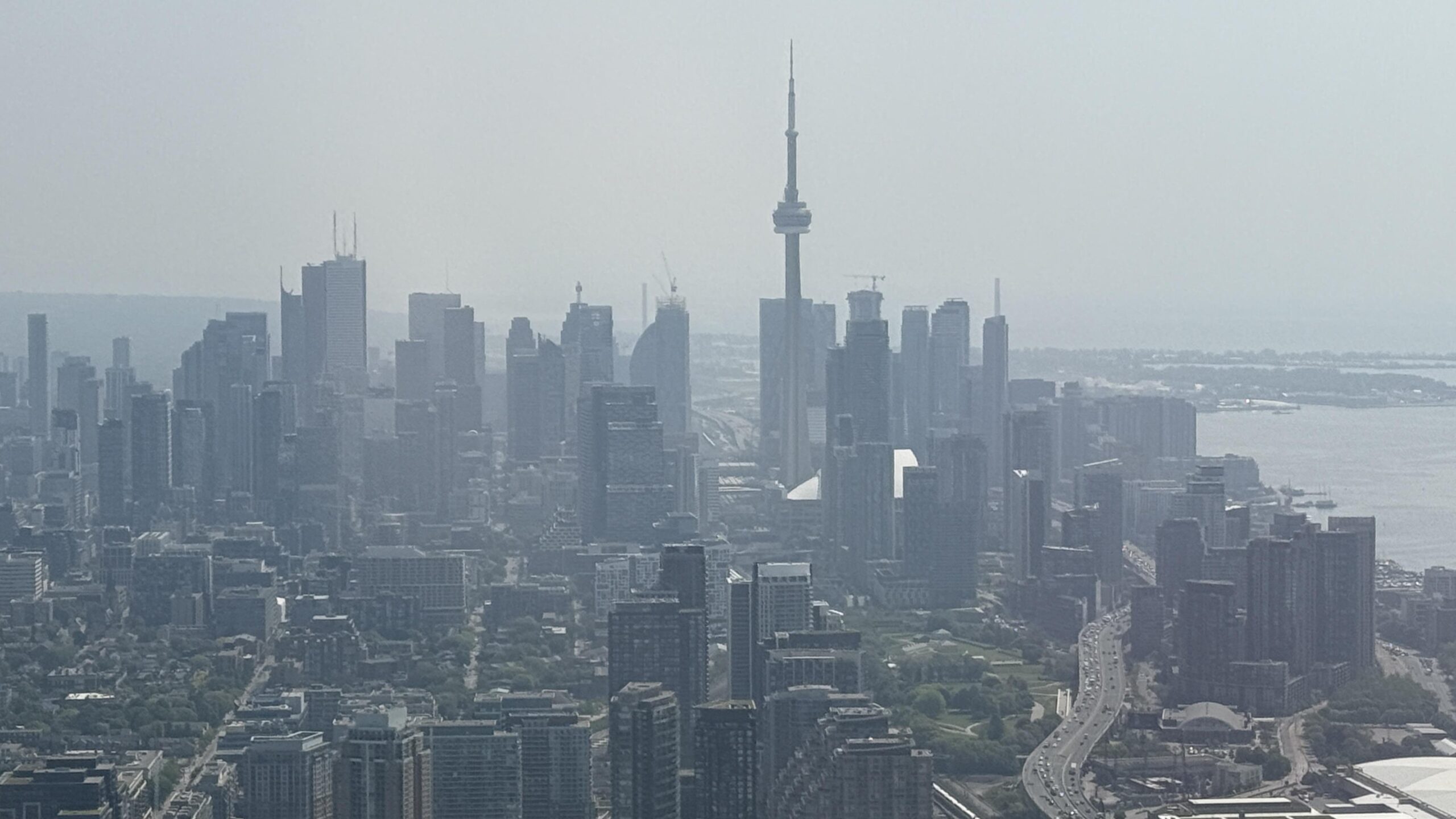 Hazy Toronto skyline obscured by wildfire smoke