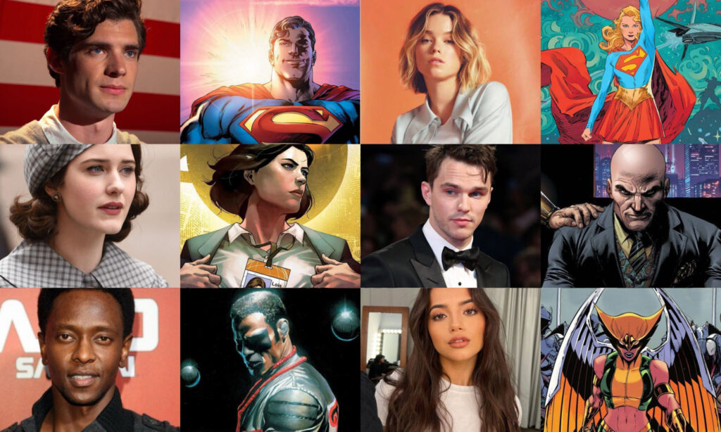David Corenswet as Superman, Rachel Brosnahan as Lois Lane, Nicholas Hoult as Lex Luthor, Edi Gathegi as Mister Terrific, Isabela Merced as Hawkgirl, Nathan Fillion as Green Lantern Guy Gardner, Anthony Carrigan as Metamorpho, and Milly Alcock as Supergirl posed together in full costume for James Gunn's 2025 DC Universe film 'Superman'