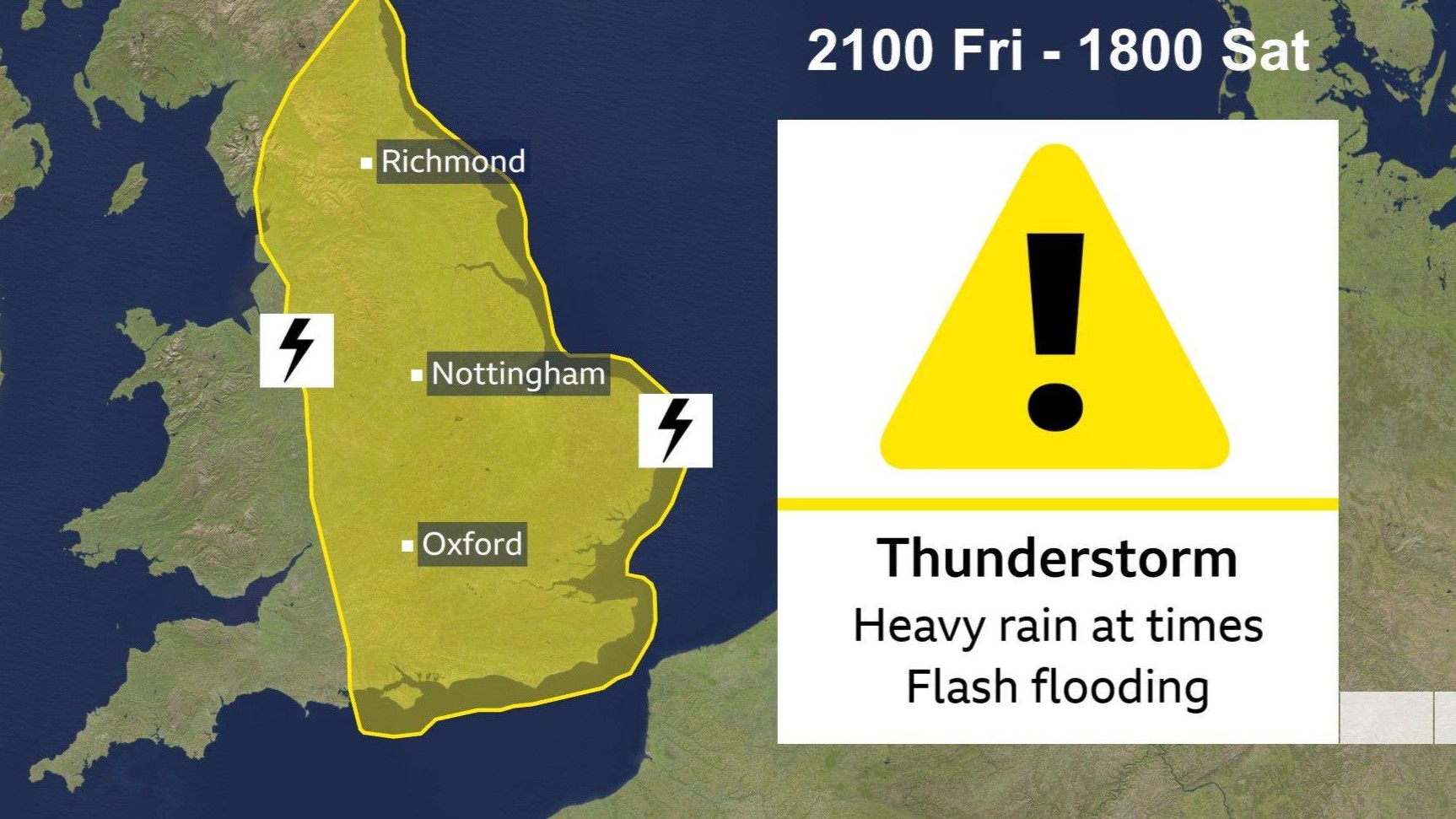 Met Office yellow weather warning map for thunderstorms covering most of England on 18-19 July 2025, showing risk areas and timing.