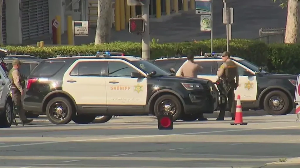 Aerial view of emergency response at LASD Biscailuz Training Center after fatal explosion, East Los Angeles.