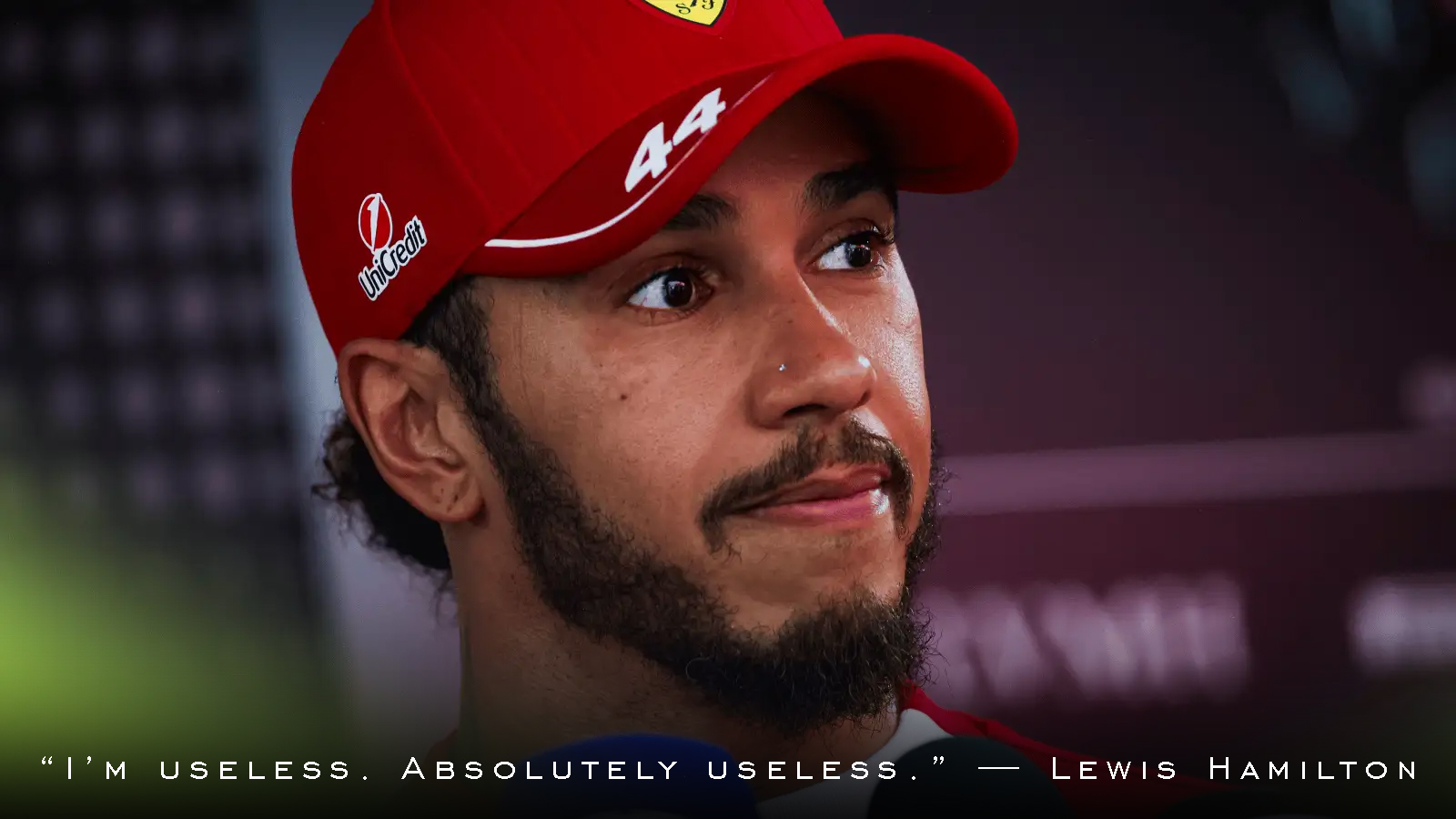 Lewis Hamilton looking dejected after qualifying; overlaid with the quote: “I’m useless. Absolutely useless.” — Lewis Hamilton.