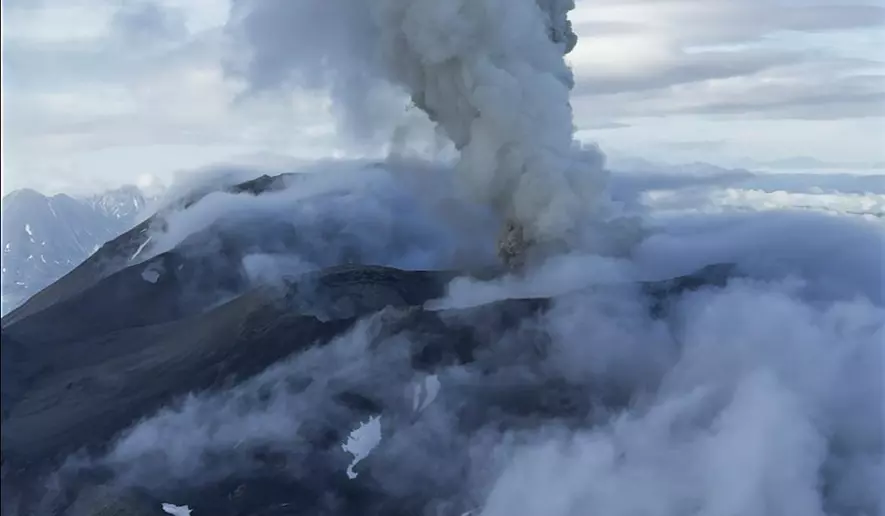 Aerial view of ash plume from Russian volcano eruption.