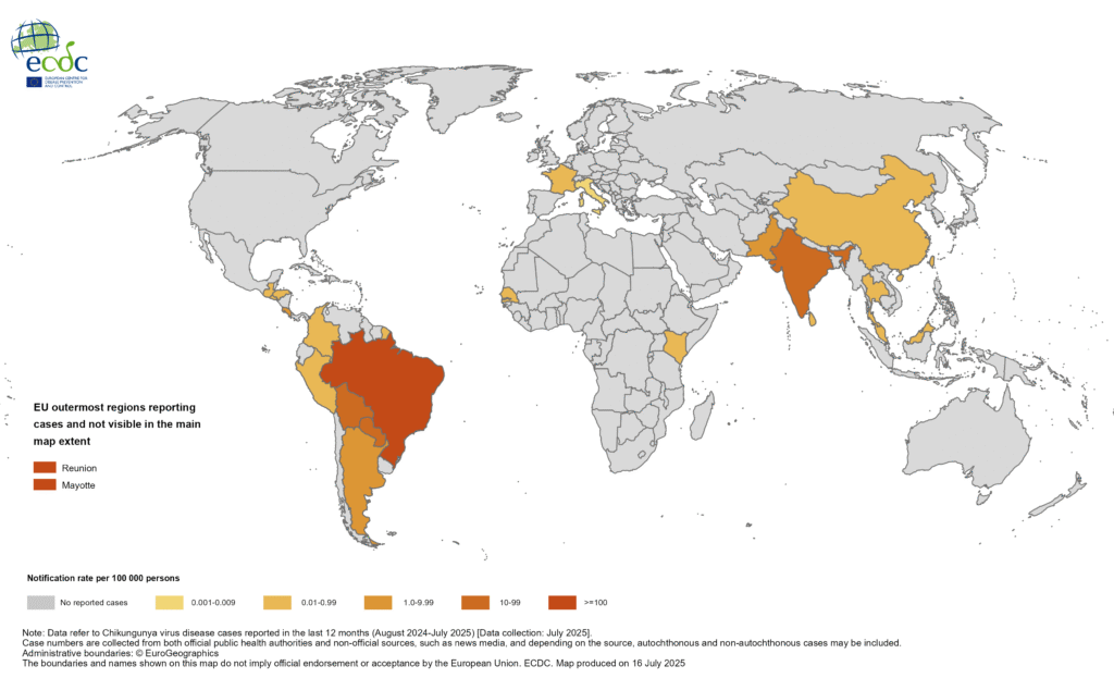 Global distribution of chikungunya virus outbreaks 2025.
